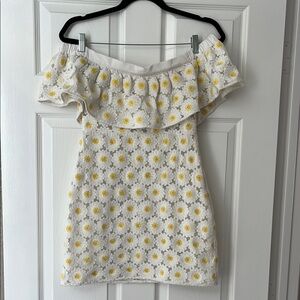 Off-Shoulder embroidered sheer daisy mini dress